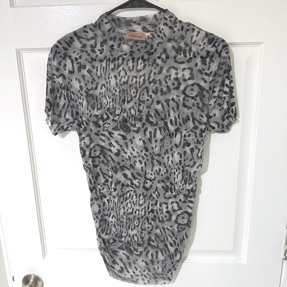 Willow + Root Womens XL Grey Leopard Mesh Mock Neck Ruched Short Sleeve Top